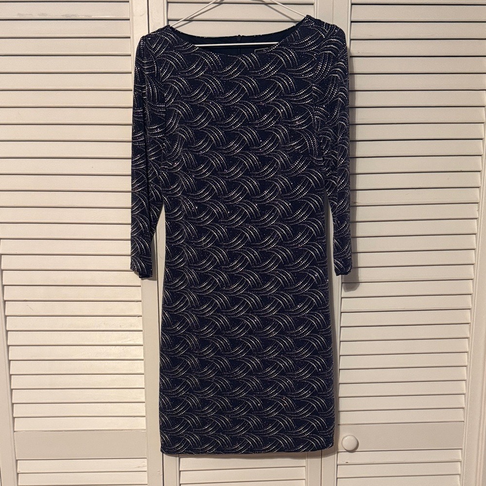 JH Evenings Navy Blue Sparkly Rhinestone Fireworks Dress 6 Three Quarter Sleeve